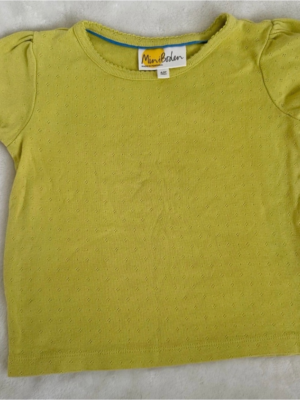 Mini Boden Yellow Short-Sleeve Puff Sleeve Pointelle Tee